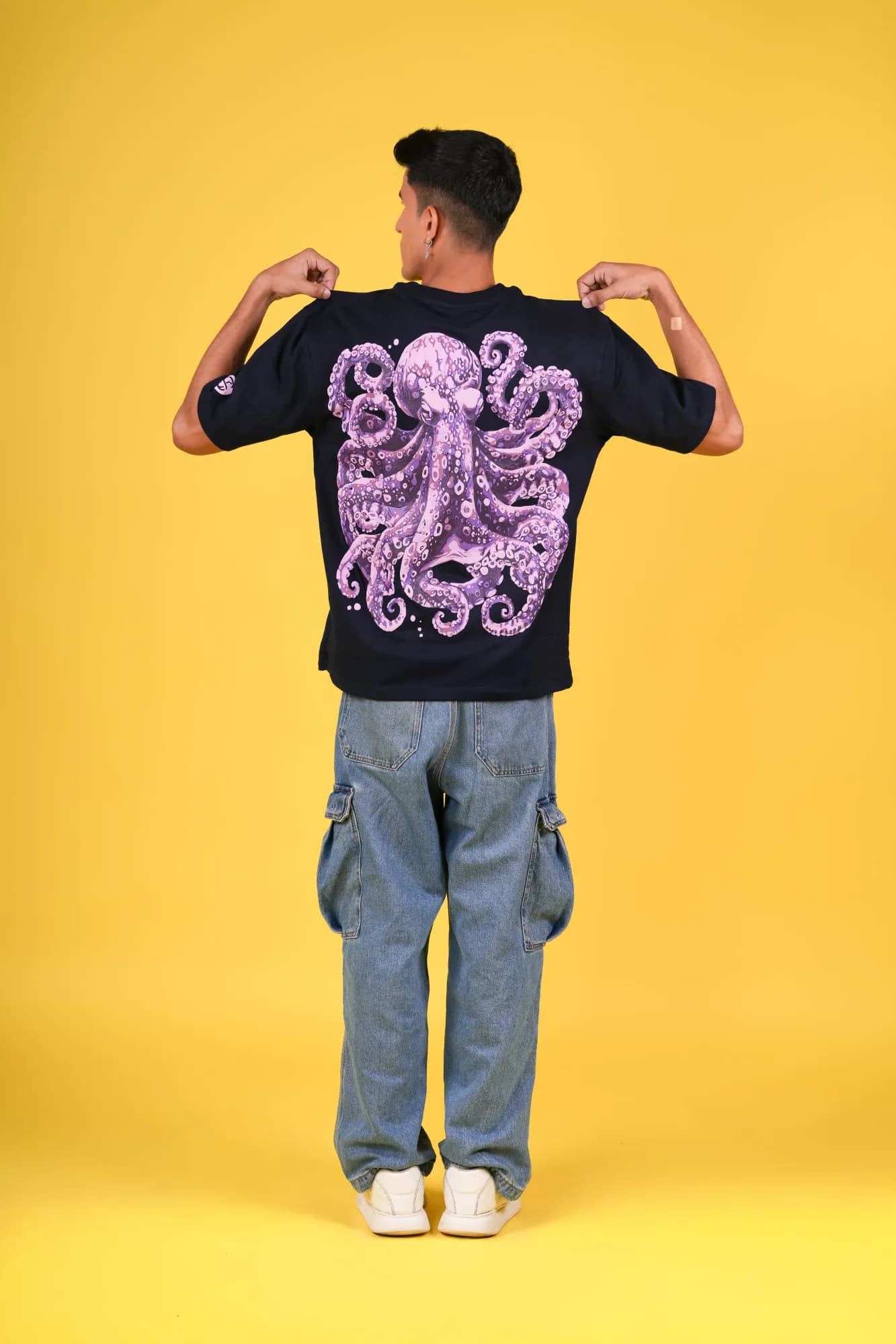 Blue Navy Octo Splash print, up close