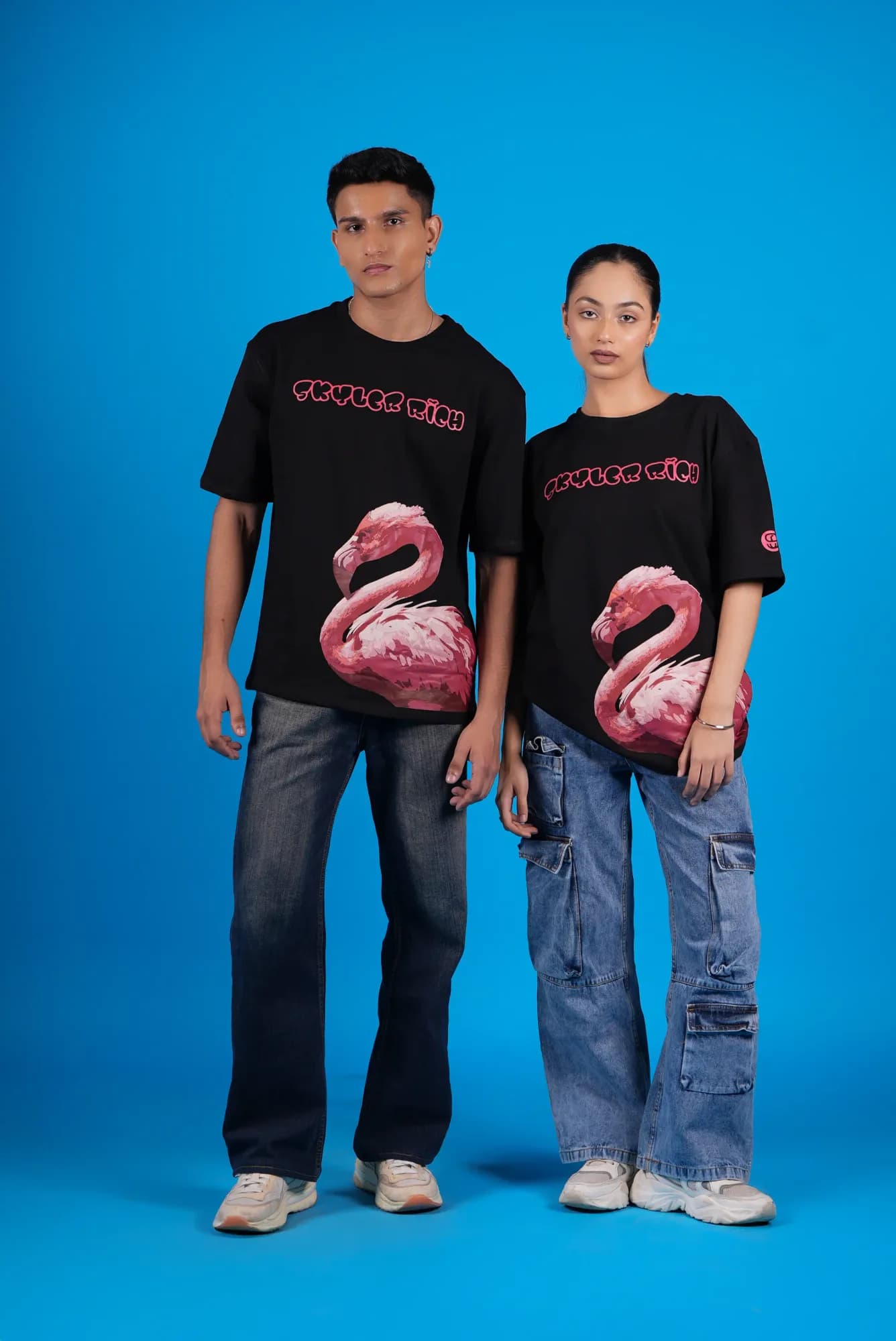 Black Flamingo Frenzy oversized T-shirt on model