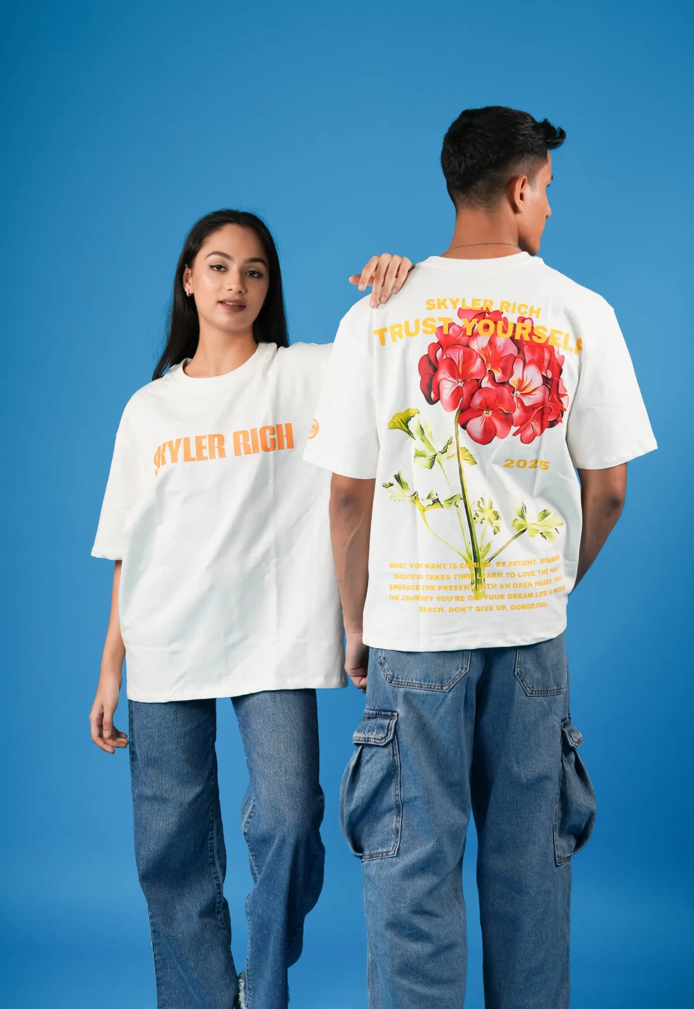 White Blooming Confidence oversized T-shirt on model